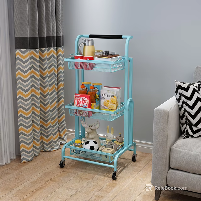 Blue Three Tier Storage Cart With Transparent Baskets And Rolling Wheels 3d model