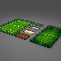 Various Soccer Field Designs With Green Grass Fenced Areas And Seating Stands