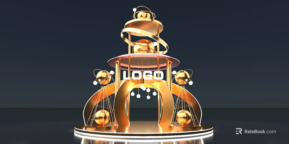 Elegant Golden Display Stand With Logo Spherical Decorations And Multi Layer Structure 3d model