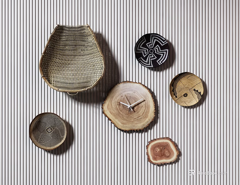 Bohemian Wall Decor for Modern Interior With Woven Basket Wooden Slices Round Plates Geometric Patterns 3d model 