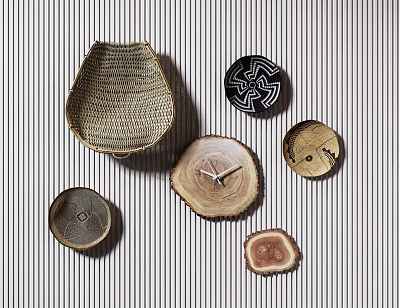 Bohemian Wall Decor for Modern Interior With Woven Basket Wooden Slices Round Plates Geometric Patterns 3d model