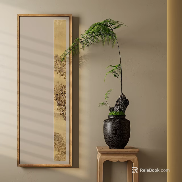 Bonsai Plant in Black Pot with Fern on Wooden Table and Wooden Frame Patterned Screen 3d model 