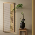 Bonsai Plant in Black Pot with Fern on Wooden Table and Wooden Frame Patterned Screen