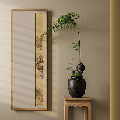 Bonsai Plant in Black Pot with Fern on Wooden Table and Wooden Frame Patterned Screen 3d model