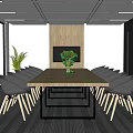 Modern Conference Room Interior With Long Wooden Table Black Chairs Green Plant And Window Blinds