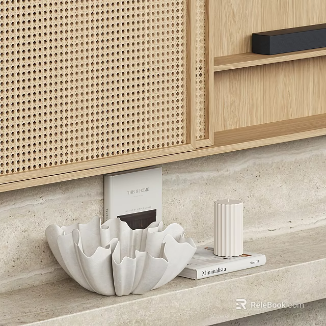 Stylish Decorative Ornament Set With White Pleated Design On Wooden Shelf And Beige Wall Background 3d model 