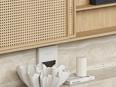 Stylish Decorative Ornament Set With White Pleated Design On Wooden Shelf And Beige Wall Background 3d model