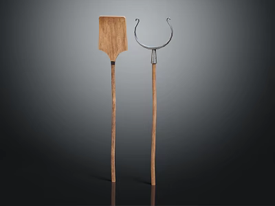 Two Practical Hand Tools Wooden Spatula And Horseshoe Hook With Long Wooden Handles 3d model