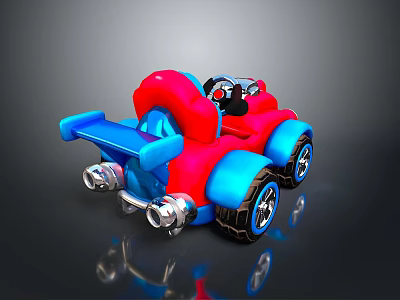 Red And Blue Cartoon Style Toy Car With Large Wheels And Exhaust Pipes 3d model