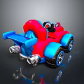 Red And Blue Cartoon Style Toy Car With Large Wheels And Exhaust Pipes