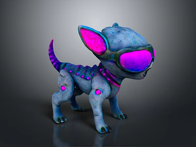 Vibrant Blue Mechanical Puppy Character With Pink Ears Purple Goggles And Spots 3d model