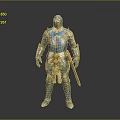 Medieval Knight Sword With Blue And Gold Ornate Armor Details