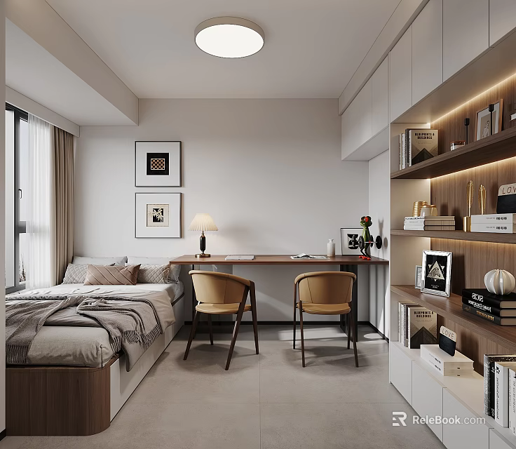 Modern Tatami Bedroom Interior With Tatami Bed Desk Chairs Bookshelves Decorative Paintings And Window Curtains 3d model 