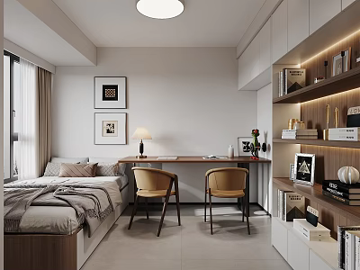 Modern Tatami Bedroom Interior With Tatami Bed Desk Chairs Bookshelves Decorative Paintings And Window Curtains 3d model