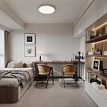 Modern Tatami Bedroom Interior With Tatami Bed Desk Chairs Bookshelves Decorative Paintings And Window Curtains