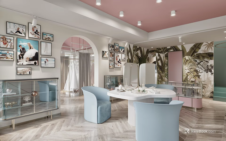 Elegant Bridal Shop Interior With Wedding Dress Photos Blue Chairs White Table And Plants 3d model 