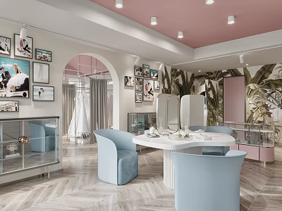Elegant Bridal Shop Interior With Wedding Dress Photos Blue Chairs White Table And Plants 3d model