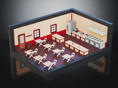Simple Dining Interior With Multiple Tables Chairs Dark Wooden Floor Windows And Cabinets 3d model