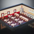 Simple Dining Interior With Multiple Tables Chairs Dark Wooden Floor Windows And Cabinets