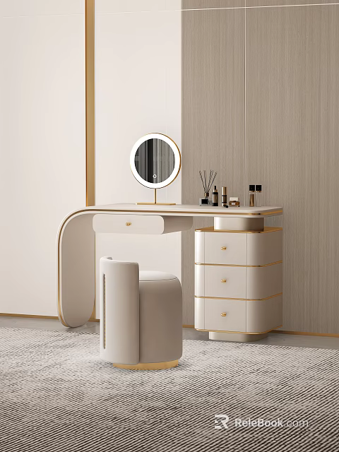 Elegant White Dressing Table with Gold Accents Round Mirror Cosmetics and Storage Drawers 3d model 