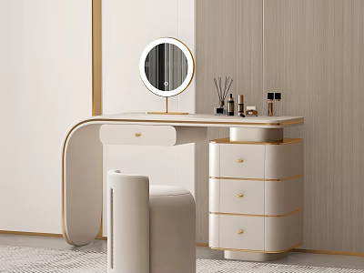 Elegant White Dressing Table with Gold Accents Round Mirror Cosmetics and Storage Drawers 3d model