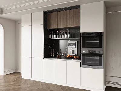 Modern Kitchen Wine Cabinet With Wooden Shelves Wine Bottles And White Cabinets 3d model