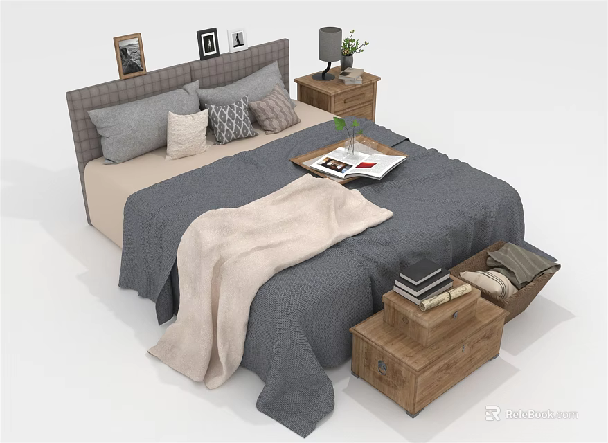 Double Bed With Gray Beige Bedding Pillows Blanket Nightstands Table Lamp Green Plant And Wooden Chest With Books 3d model 