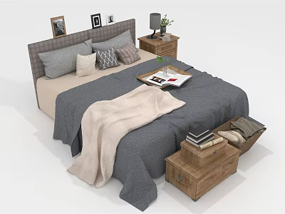 Double Bed With Gray Beige Bedding Pillows Blanket Nightstands Table Lamp Green Plant And Wooden Chest With Books 3d model