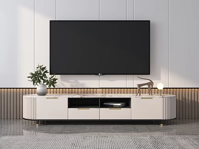 Modern White TV Stand With Wall Mounted TV Potted Plant And Deer Figurine 3d model