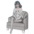 Woman with Blue Hair Wearing White Sweatshirt and White Tights Sitting on White Chair
