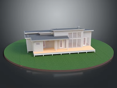 Modern Single Family House Model On Green Lawn With Large Windows And Wooden Deck 3d model