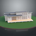 Modern Single Family House Model On Green Lawn With Large Windows And Wooden Deck