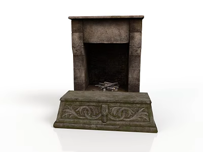 Decorative Vintage Stone Fireplace With Carved Base And Wood Logs Inside 3d model