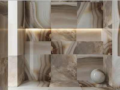 Marble Wall Components With Geometric Pattern Embedded Lighting And White Orb Decor 3d model