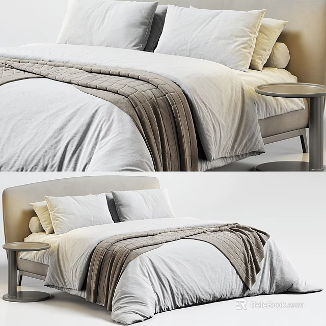 Double Bed with White Bed Sheets Brown Blanket Light Colored Headboard and Nightstand Modern Minimalist 3d model 
