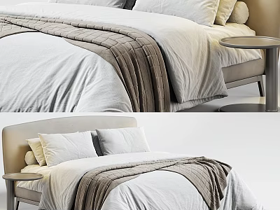 Double Bed with White Bed Sheets Brown Blanket Light Colored Headboard and Nightstand Modern Minimalist 3d model