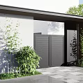 Modern Dark Gray Double Door Entrance Gate With Green Plants And Stone Pavement