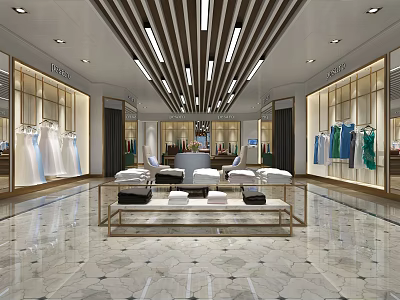 Elegant Modern Clothing Store Interior With Display Racks Hanging Clothes And Marble Floor 3d model