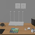 Modern Computer Workspace With Monitor Router Smartphone Wireless Earbuds And Mouse On Wooden Desk