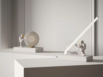 Modern Table Lamp With Spherical Design And Astronaut Figurine On White Display Stand 3d model