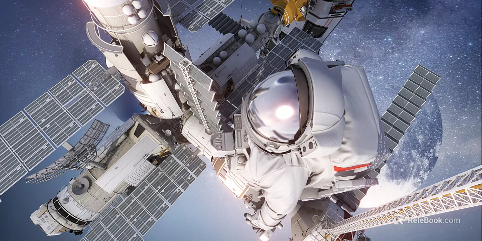 Man Performing Spacewalk Outside International Space Station In Outer Space 3d model