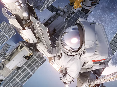 Man Performing Spacewalk Outside International Space Station In Outer Space 3d model