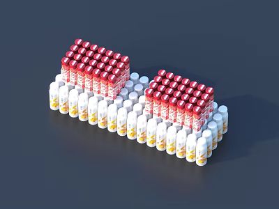Beverage Red And White Cans And Bottles Stacked Together In Arrangement 3d model