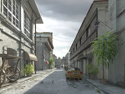 Historic Buildings Along Cobblestone Street With Old Cart Bicycle And Green Plants 3d model