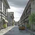 Historic Buildings Along Cobblestone Street With Old Cart Bicycle And Green Plants