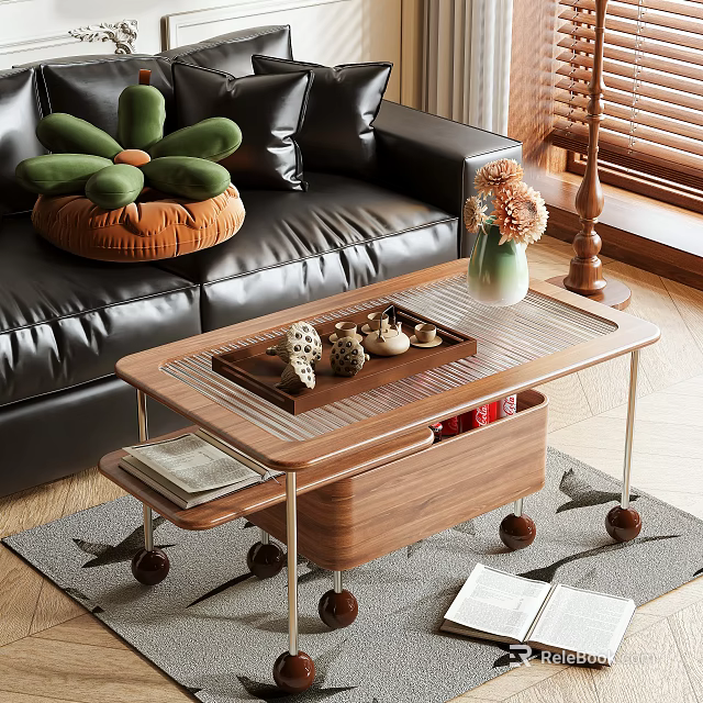 Wooden Coffee Table With Storage Wheels Tea Set Vase And Linen Rug In Living Room 3d model 