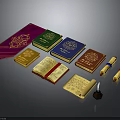Vintage Books And Scrolls Collection With Decorative Covers Open Manuscript And Inkwell
