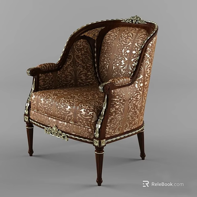 Classic Single Sofa With Ornate Patterned Fabric Wooden Armrests And Gold Accents 3d model 