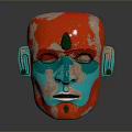 Traditional Animal Mask With Red Blue Paint And Green Gemstone Accents