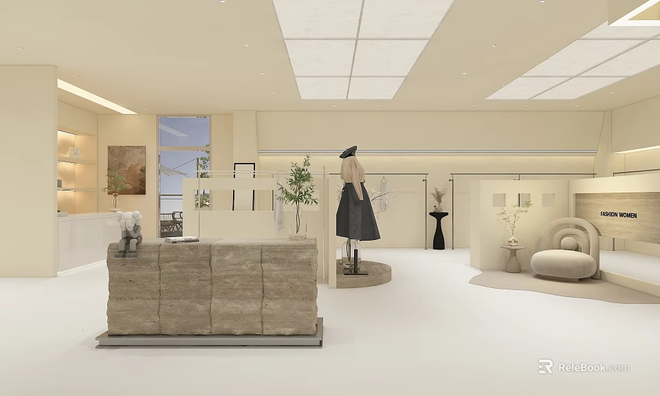 Modern Clothing Store Interior With Reception Desk Mannequin And Elegant Decor 3d model 